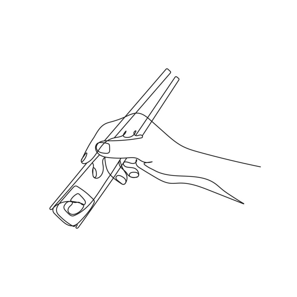 Hand holding chopstick to eat sushi roll. One line art. Hand drawn vector illustration.