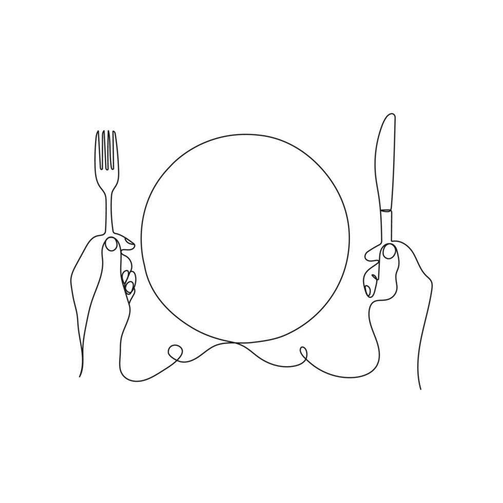 Empty plate and hands holding cutlery, fork and knife. Dinner place setting. Restaurant concept in one line drawing style. Vector illustration.