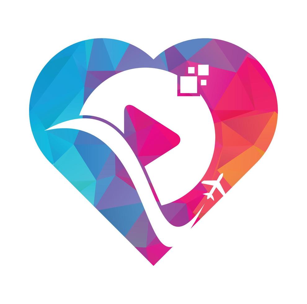 Airplane play button logo design. Airplane and record symbol or icon. Travel media heart shape logo design vector. vector