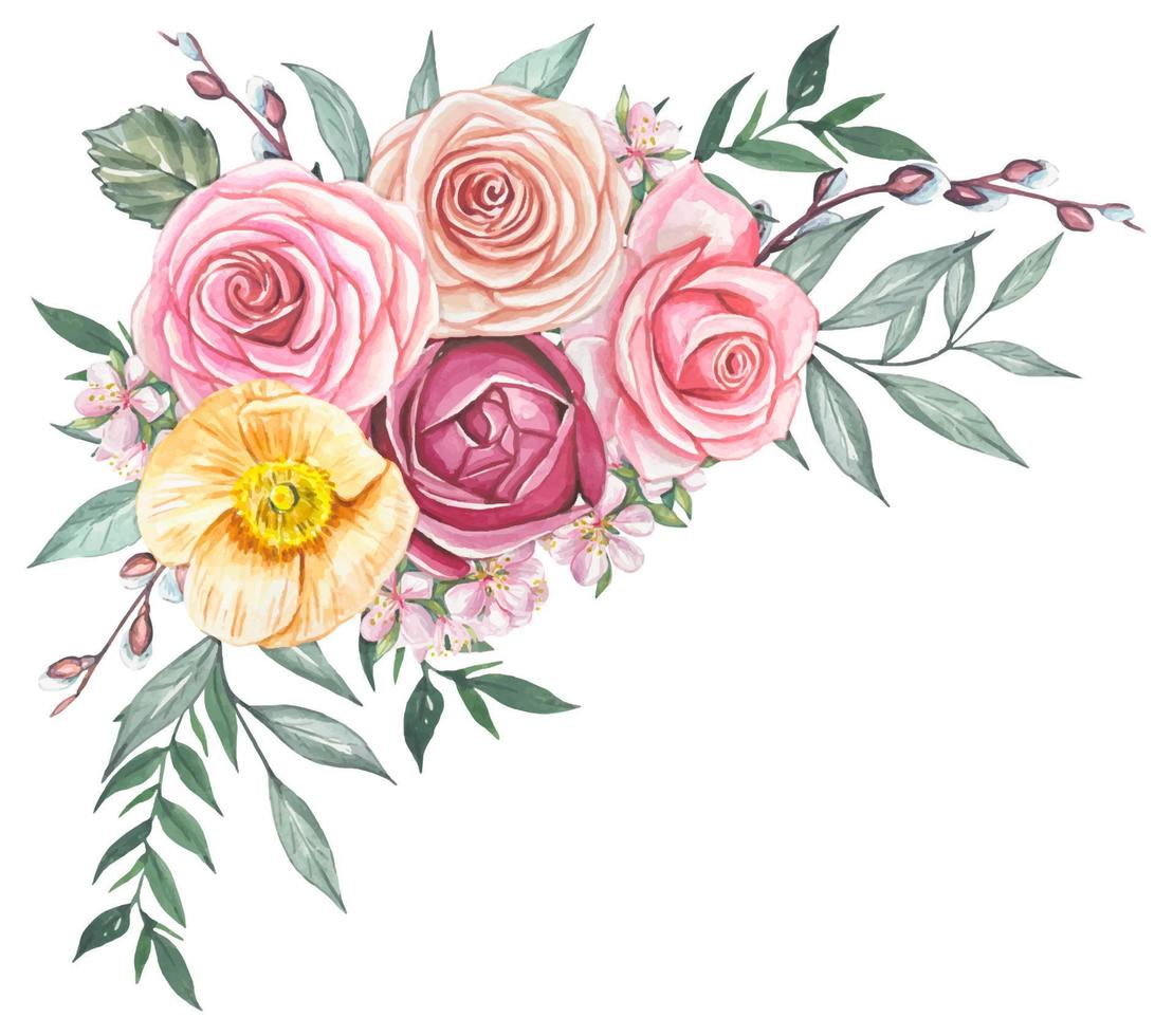 Spring watercolor bouquet, compositions with flowers vector