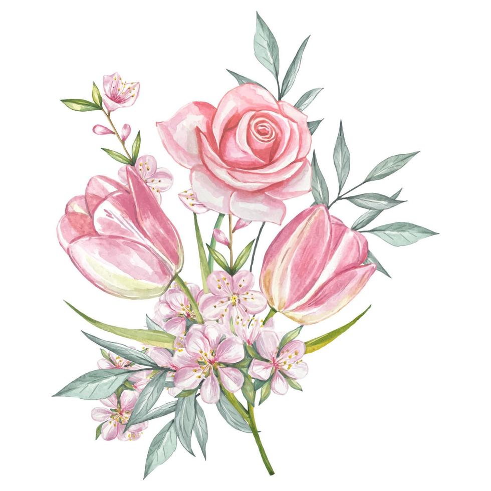 Spring watercolor bouquet, compositions with flowers, roses, tulips vector