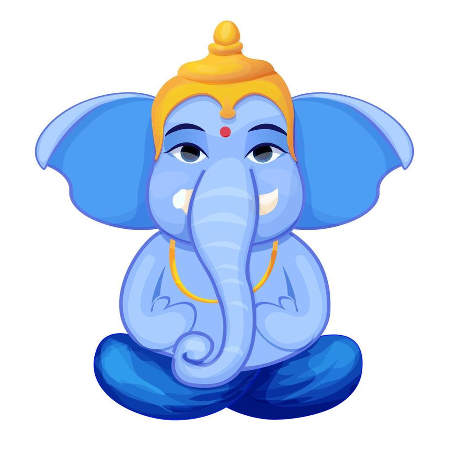 Little cute Ganesh, religious traditional god elephant blue color in cartoon character isolated on white background. Vector illustration