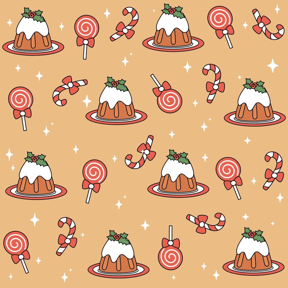 Cute christmas vector pattern background illustration with christmas pudding, candy cane, lollipops and stars