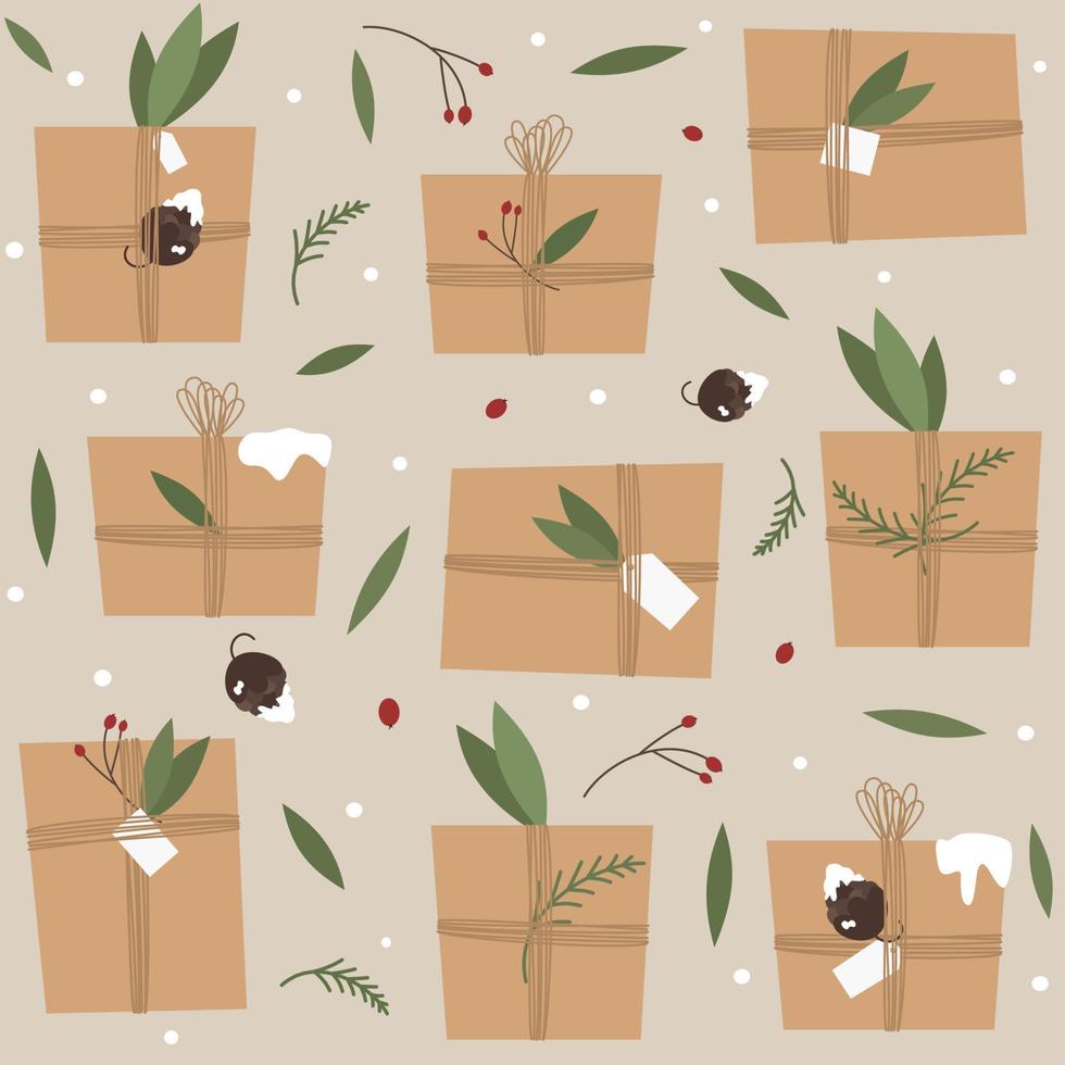 cute lovely holiday seamless vector pattern background illustration with christmas gift box in kraft paper with twine ribbon and wreaths