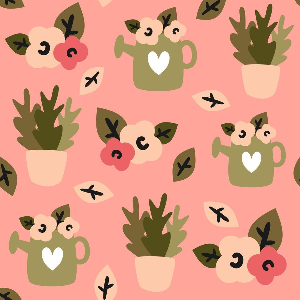 Cute lovely colourful floral seamless vector pattern background illustration with hand drawn abstract flowers, potted plants, leaves and watering can