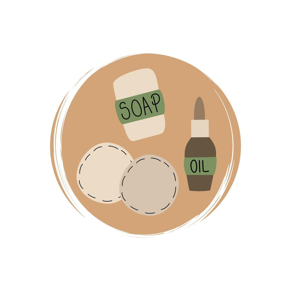 Cute logo or icon vector with ecological soap, bio oil and beauty elements illustration on circle with brush texture, for social media story and highlights