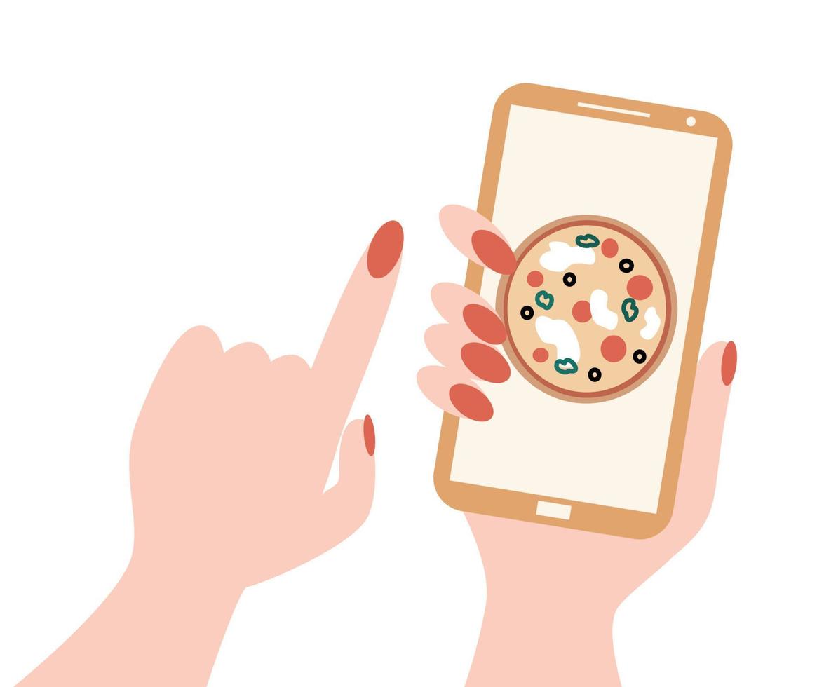 Pizza delivery service concept vector illustration with hand holding a phone