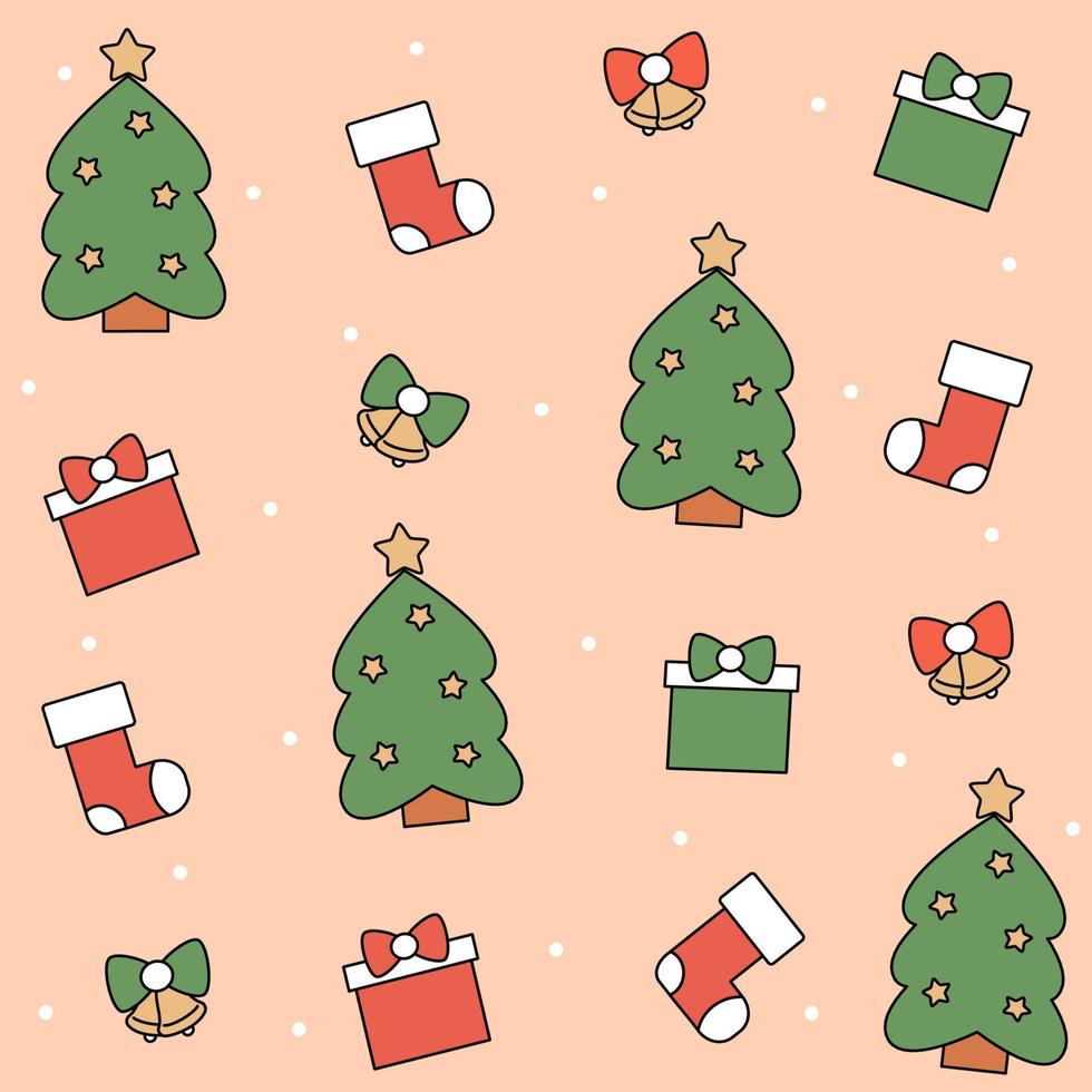 linda Navidad vector modelo antecedentes ilustración con Navidad árbol, campanas, regalo caja, calcetines y copos de nieve