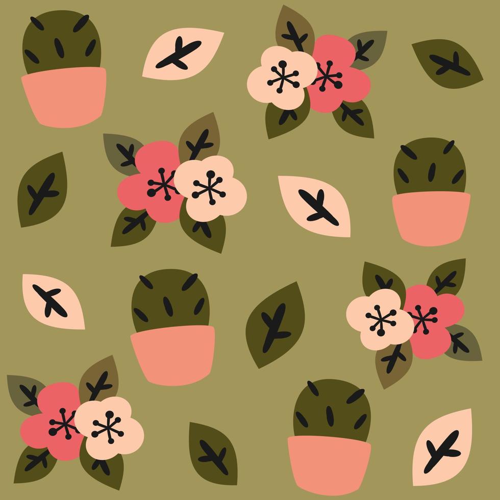 Cute lovely colourful floral seamless vector pattern background illustration with hand drawn abstract flowers, potted succulent plants and leaves
