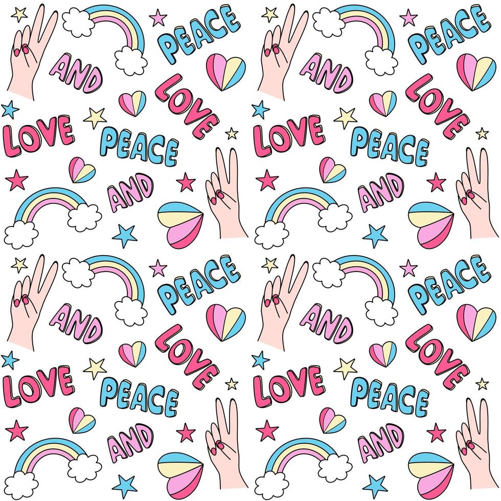 Cute seamless colorful vector pattern background illustration with peace and love lettering textand symbols hearts, rainbows, female hands and stars