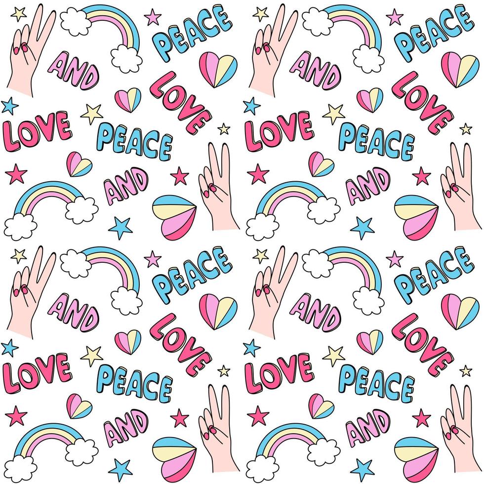 Cute seamless colorful vector pattern background illustration with peace and love lettering textand symbols hearts, rainbows, female hands and stars