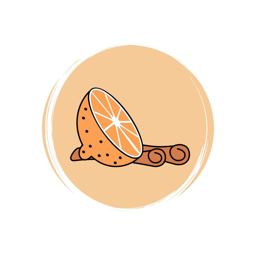 Cute orange slice and cinnamon icon vector, illustration on circle with brush texture, for social media story and instagram highlights vector