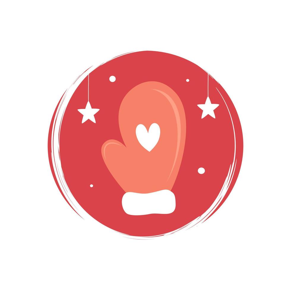 Cute christmas icon vector with red glove and stars, illustration on circle with brush texture, for social media story and highlights