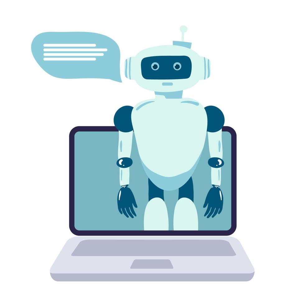 Robot online assistance and machine learning. Flat vector illustration of futuristic robot working with laptop for coding or developing project. Chatbot texting and supporting customers in live chat