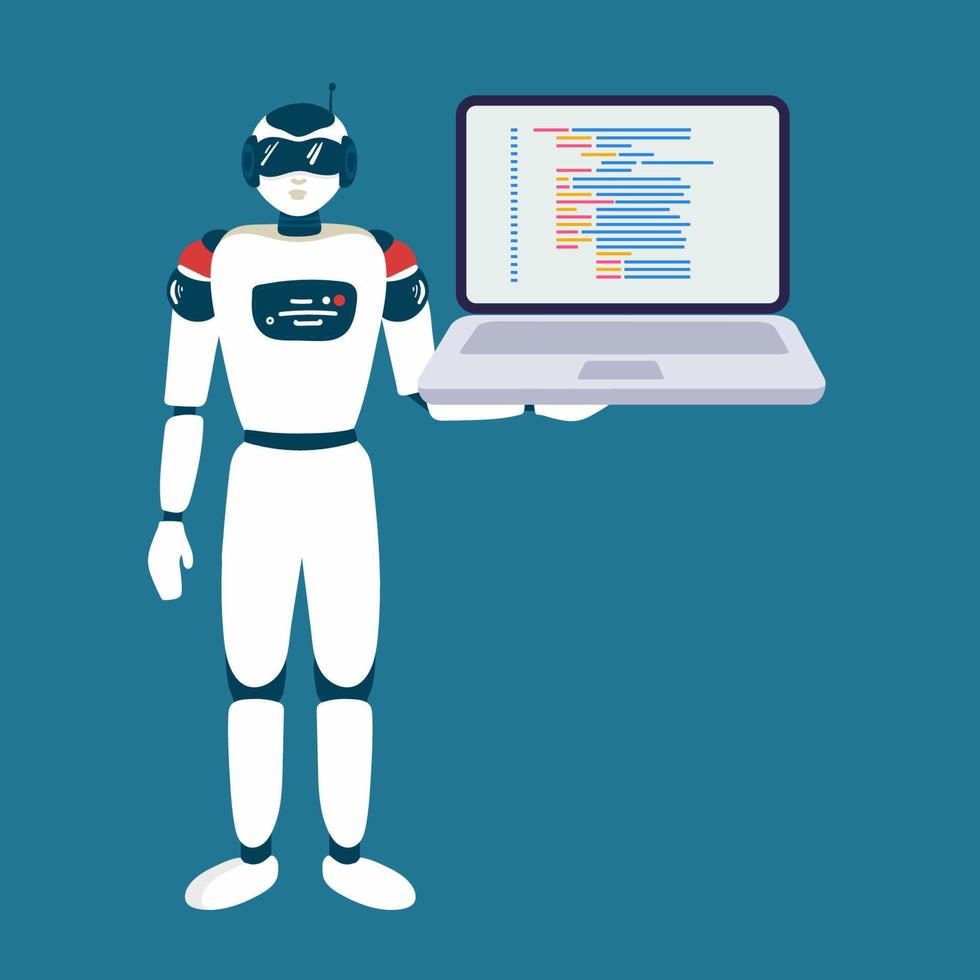 Robot online assistance and machine learning. Flat vector illustration of futuristic robot working with laptop for coding or developing project. Chatbot texting and supporting customers in live chat