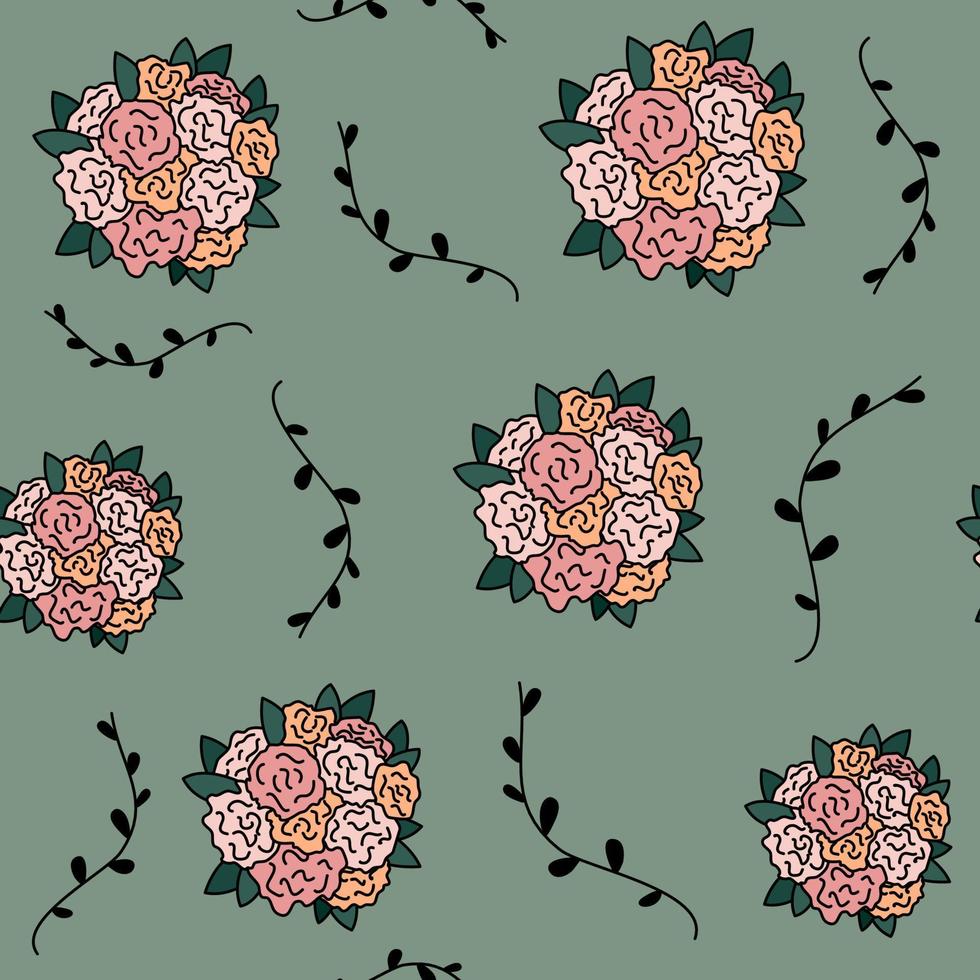 Cute cartoon hand drawn seamless vector pattern background illustration with beautiful flowers bouquet and branch