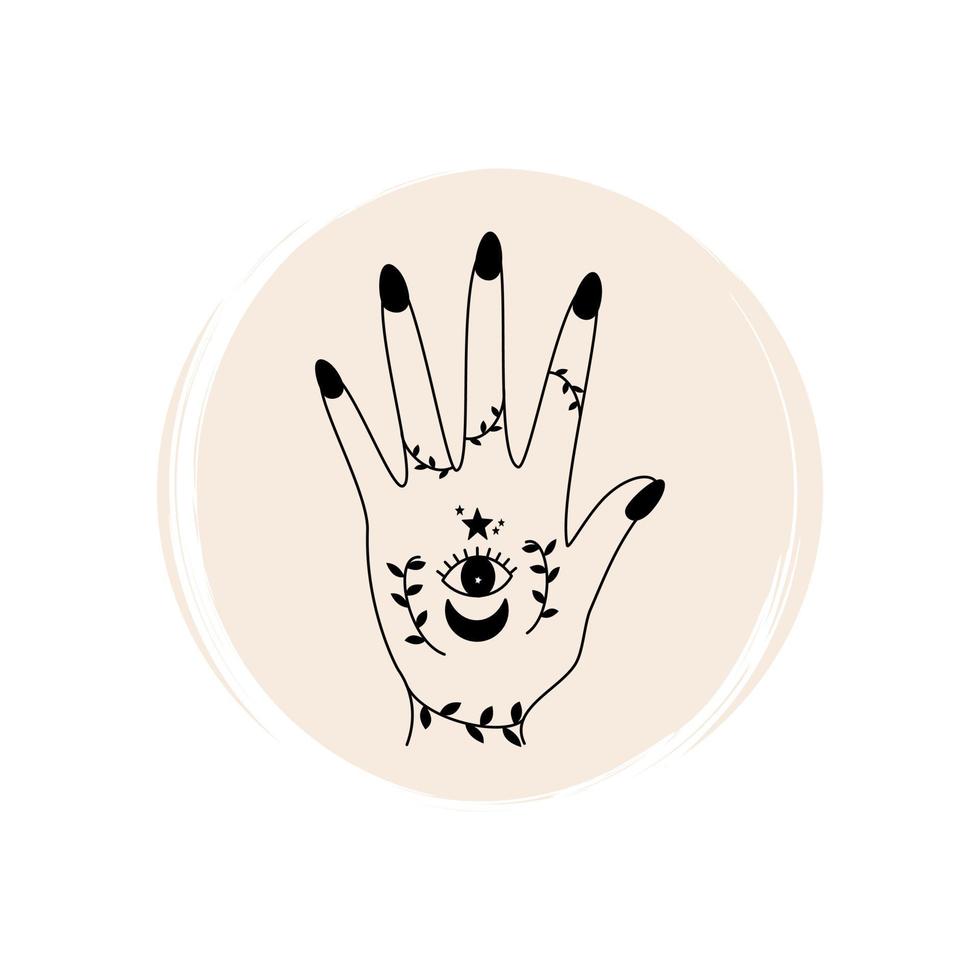 Cute ornate doodle hand with sacred symbols in bohemian style logo vector illustration on circle with brush texture for social media story highlight