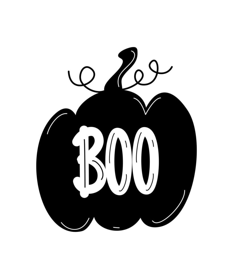 Cute black pumpkin silhouette with hand drawn lettering boo text halloween vector card illustration