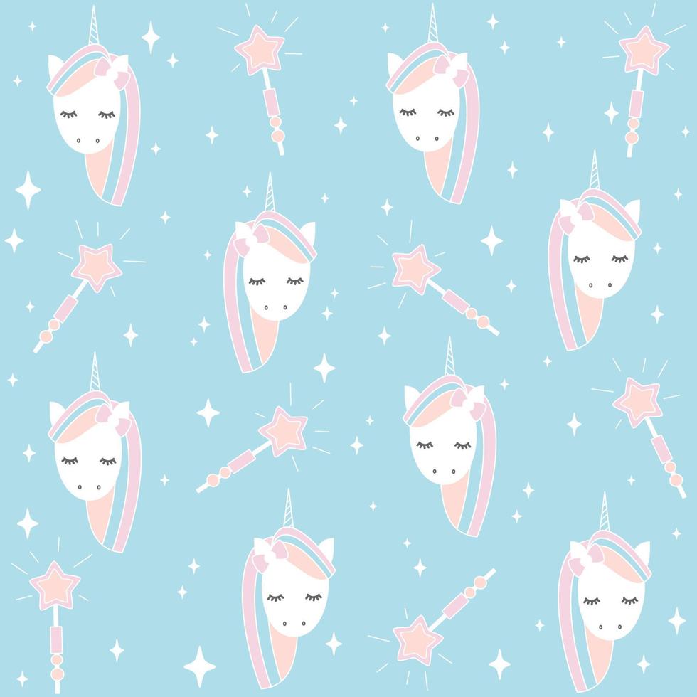 Cute lovely unicorn and magic wand cartoon seamless vector pattern background illustration