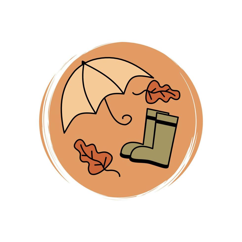 Cute autumn icon vector with umbrella, leaves and rain boots, illustration on circle with brush texture, for social media story and instagram highlights