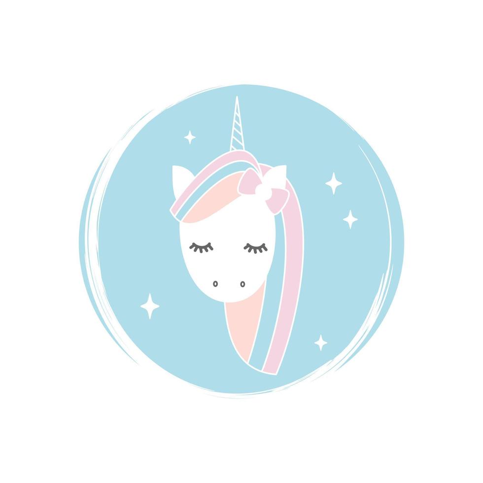 Cute lovely unicorn icon logo vector illustration on circle with brush texture for social media story highlight