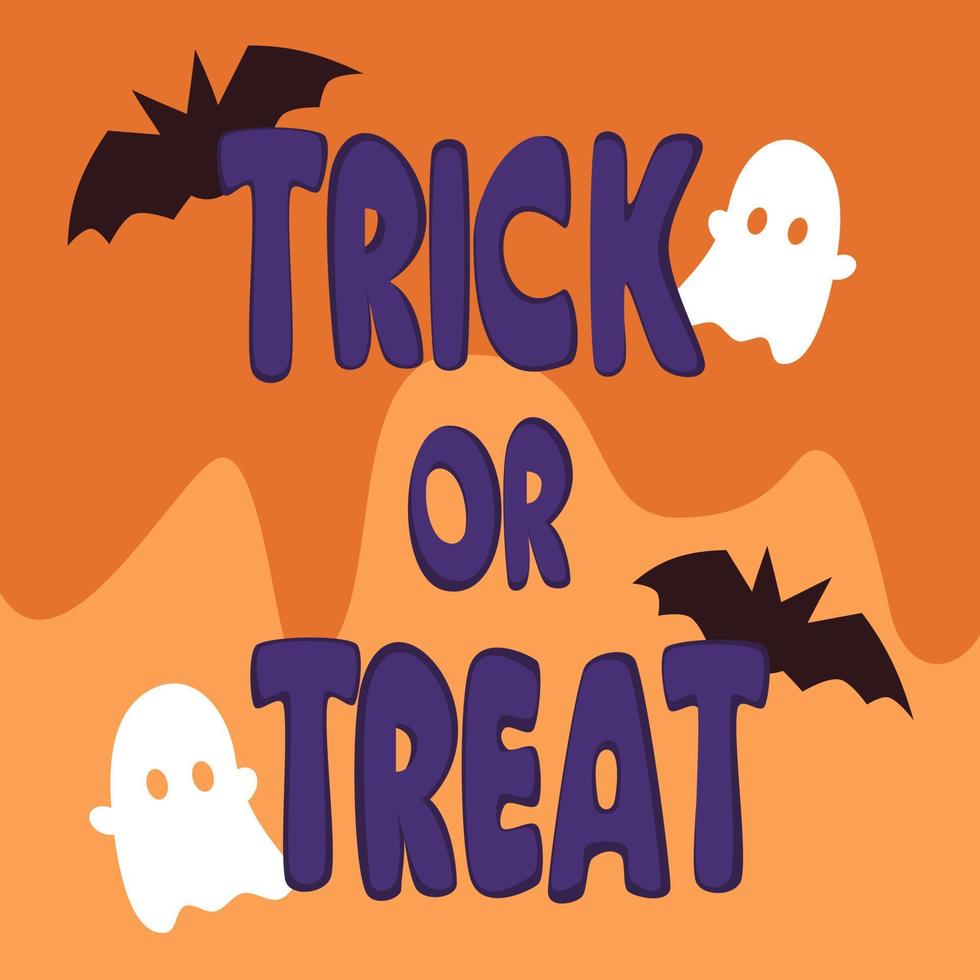 Cute halloween hand drawn lettering trick or treat vector card with bats and ghosts