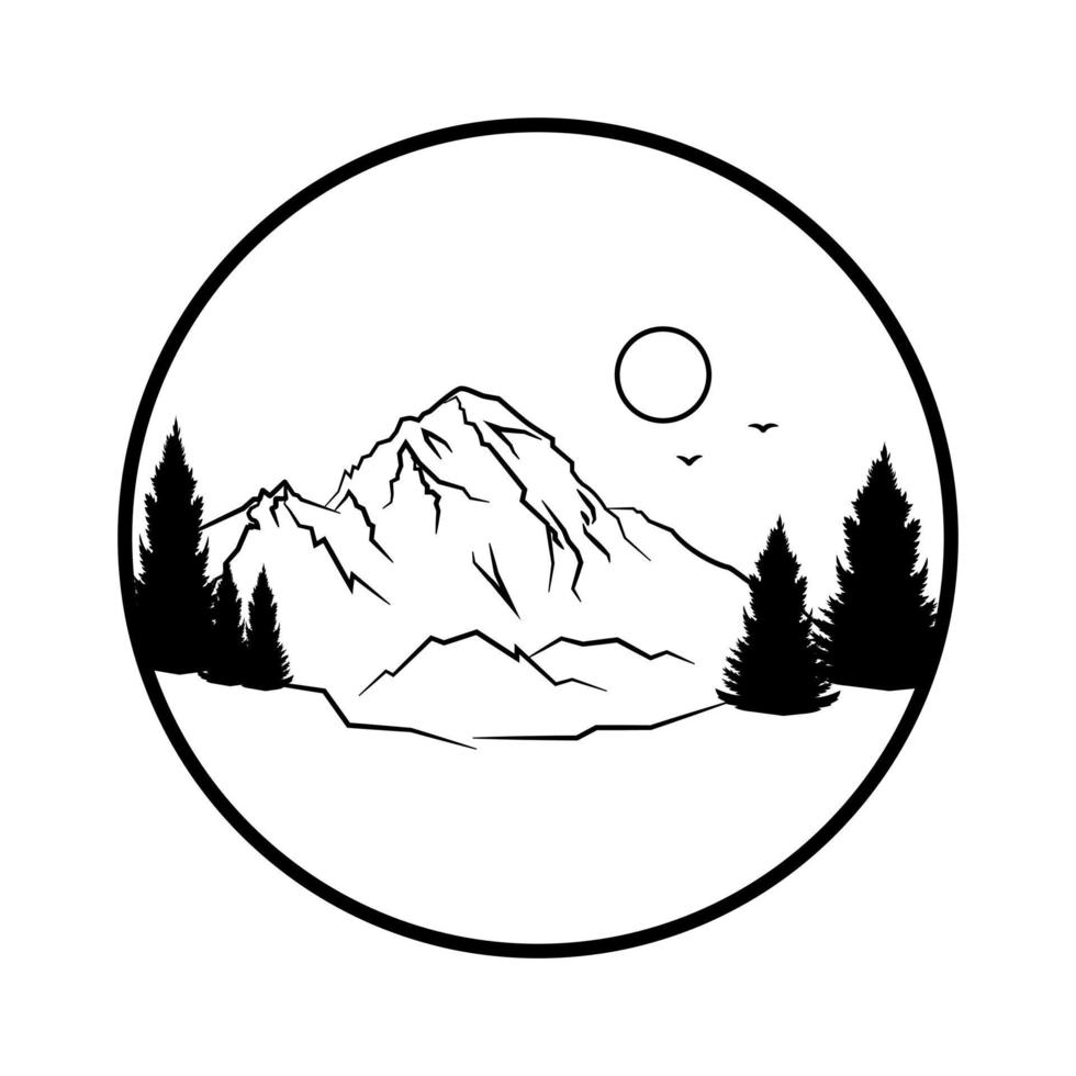 Pine trees on the background of mountains, Natural mountain landscape in a round frame graphic image. Vector illustration