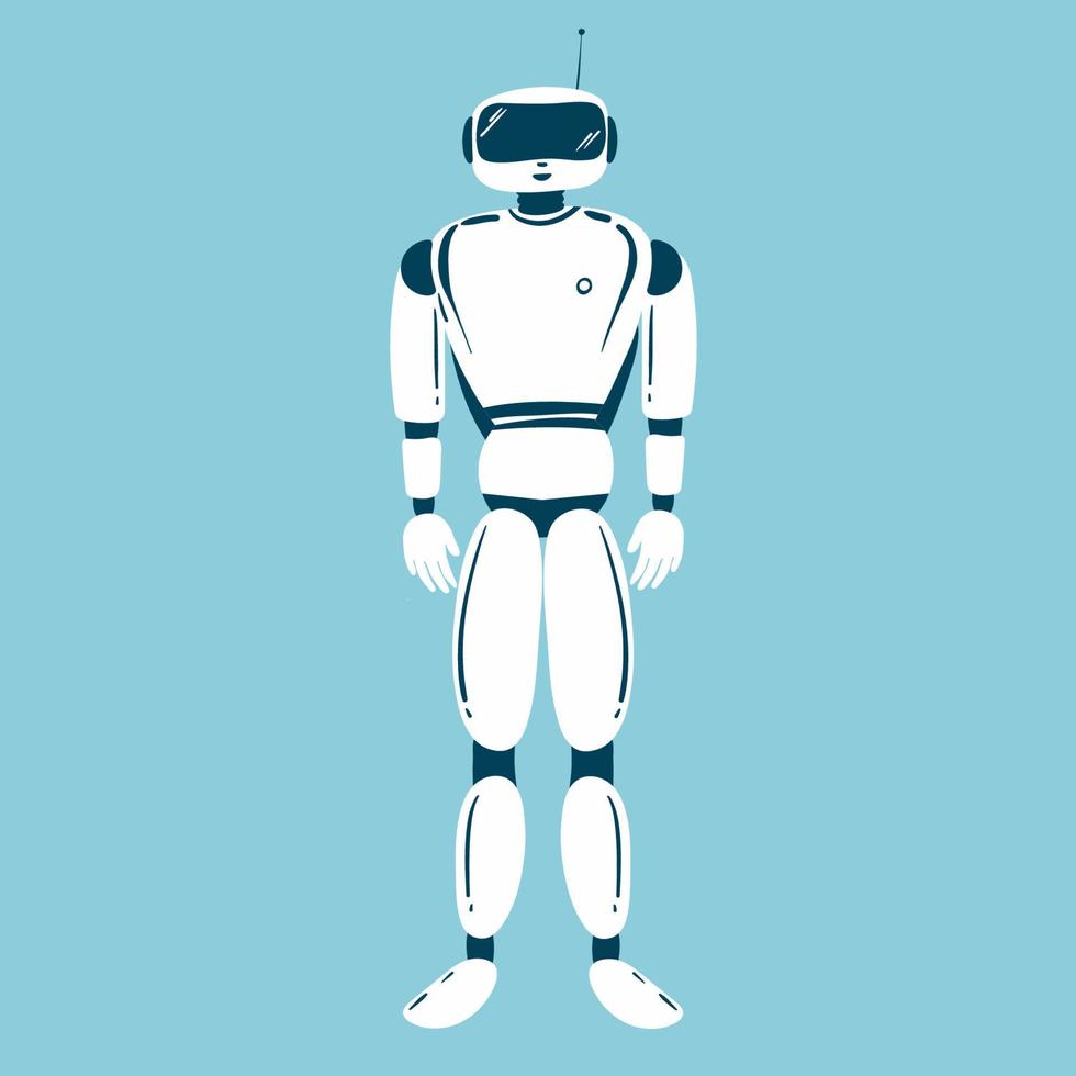 Alien robots, future technology cartoon characters. Robotic life forms, futuristic machines or cyborgs workers with artificial intelligence, claws on hands and glowing neon eyes vector
