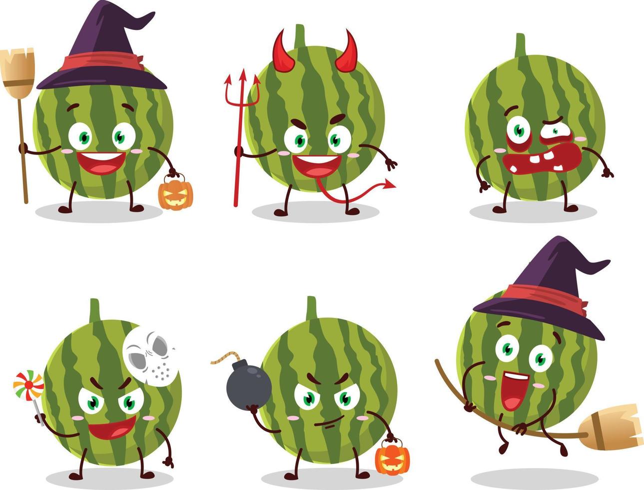 Halloween expression emoticons with cartoon character of watermelon vector