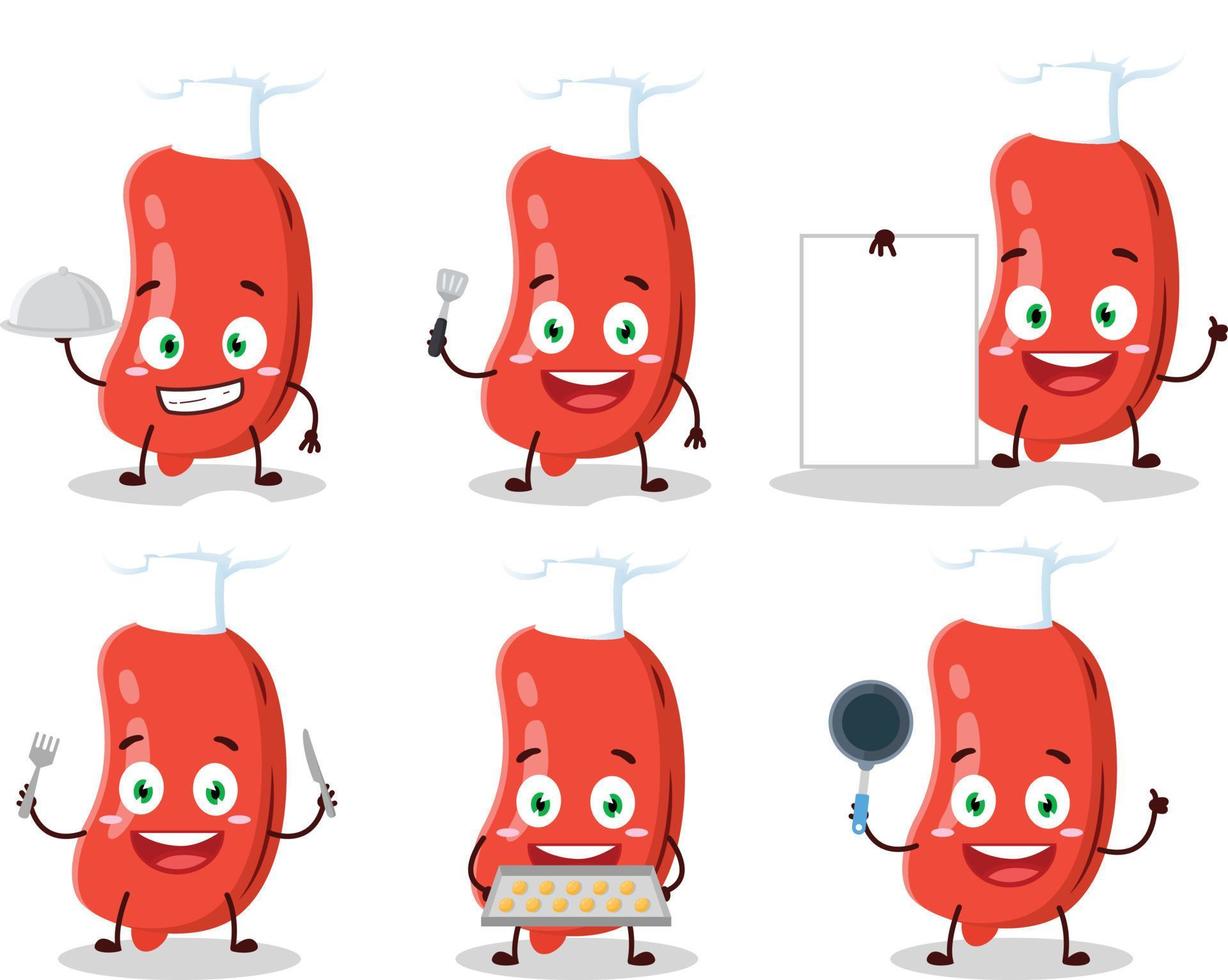 Cartoon character of sausage with various chef emoticons vector