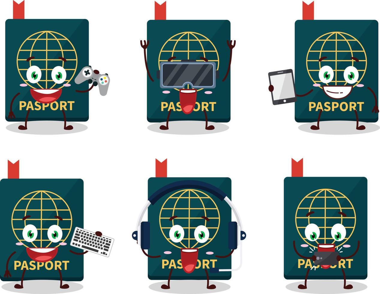 Passport cartoon character are playing games with various cute emoticons vector