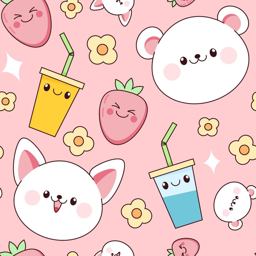 Seamless pattern of kawaii polar bear and cat faces, bubble tea and flowers vector