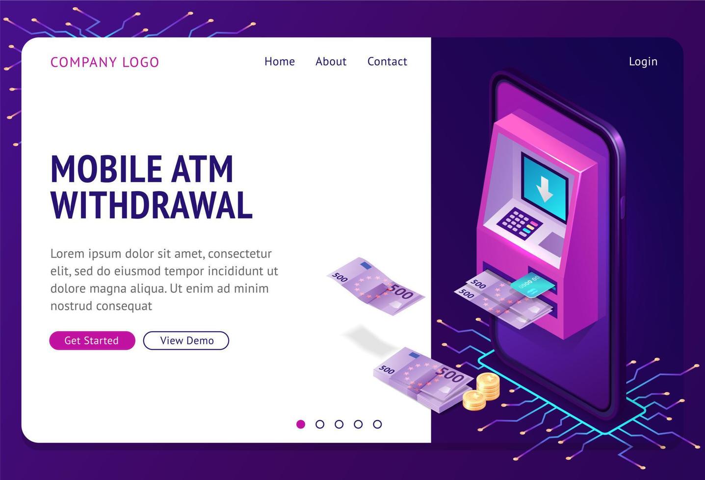 Mobile atm withdrawal isometric concept banner vector