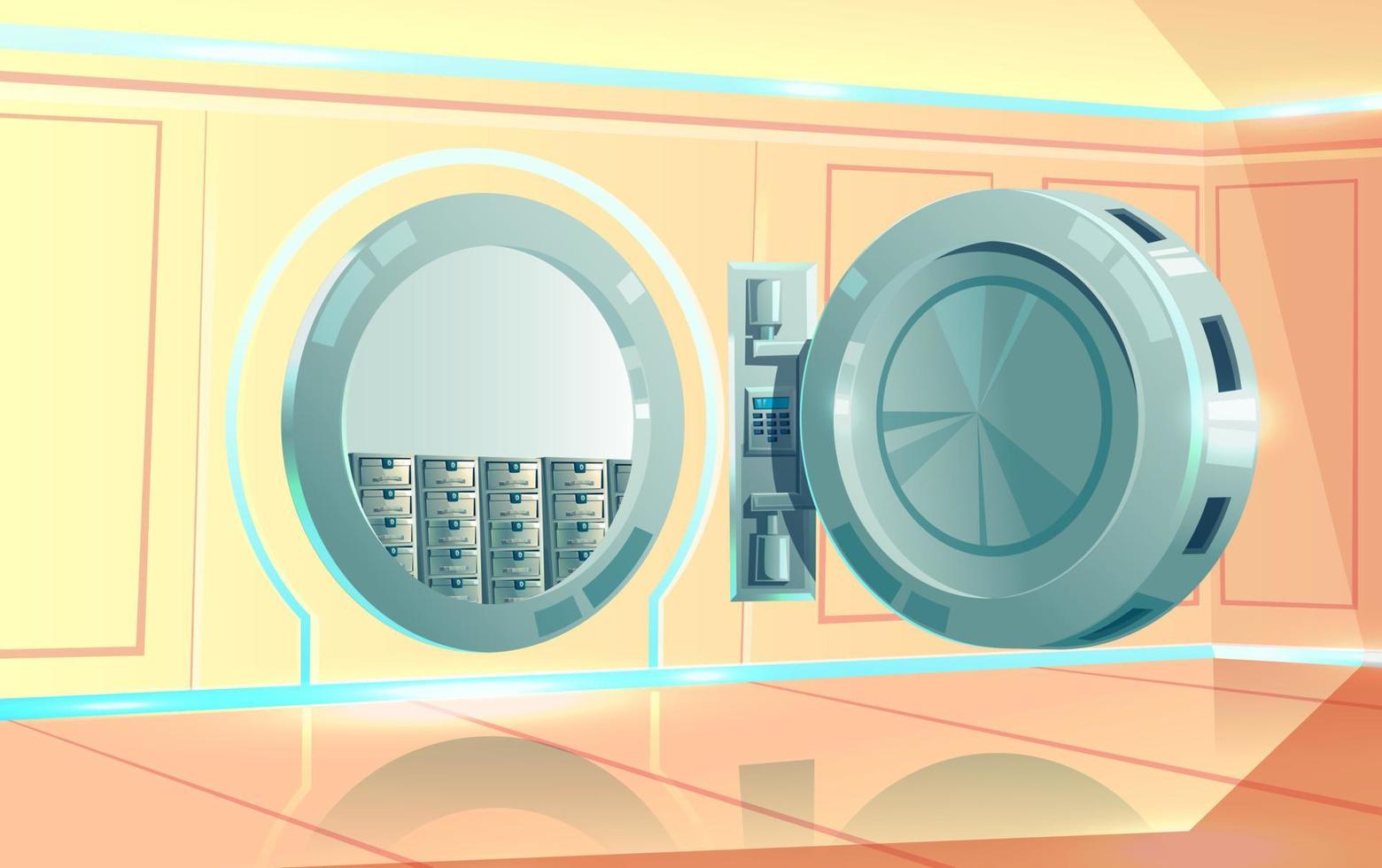 Bank vault, round metal open door combination lock vector