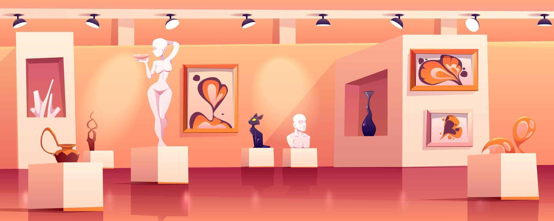 Vector museum interior with modern artworks