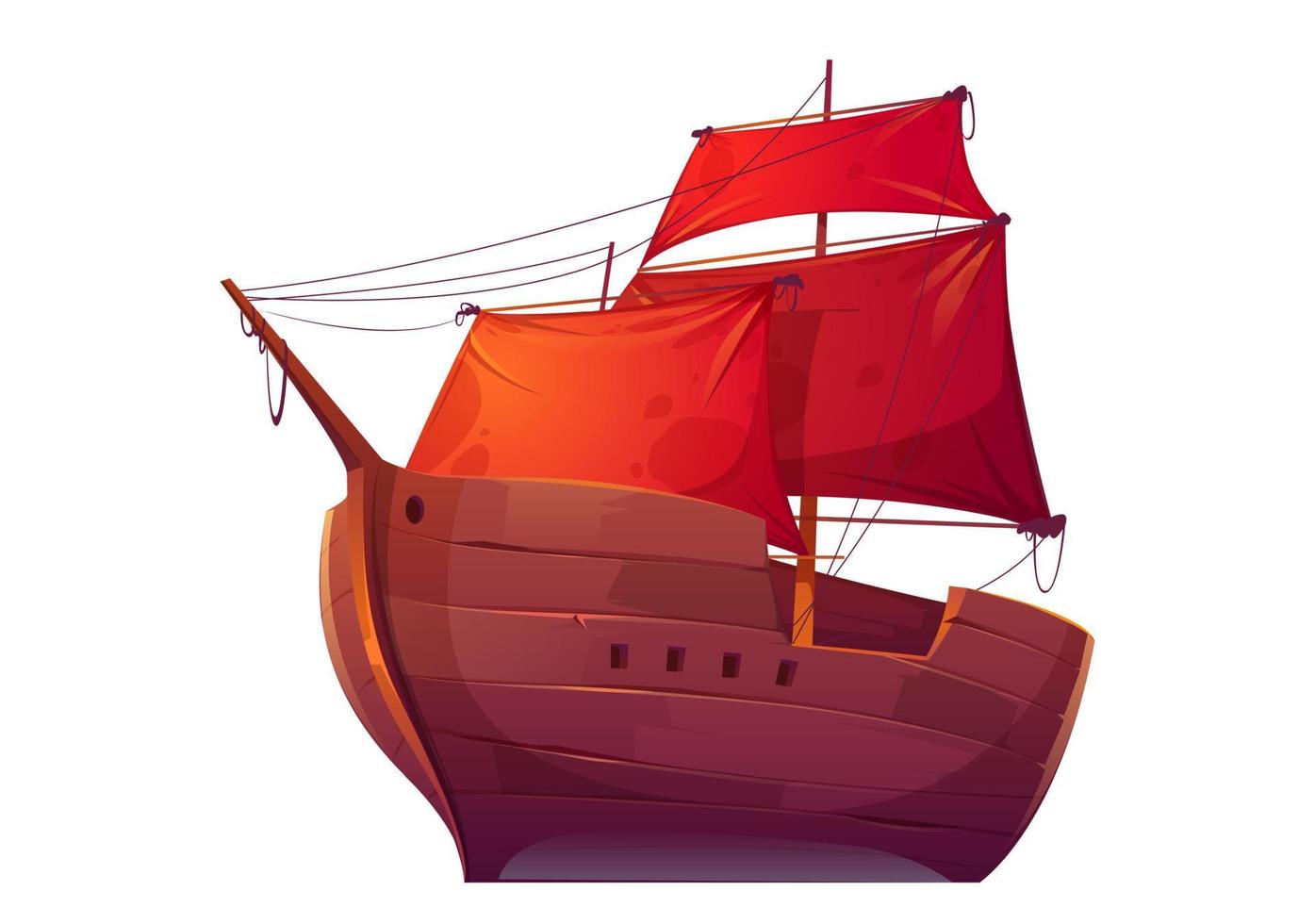 Vector wooden boat with red sails