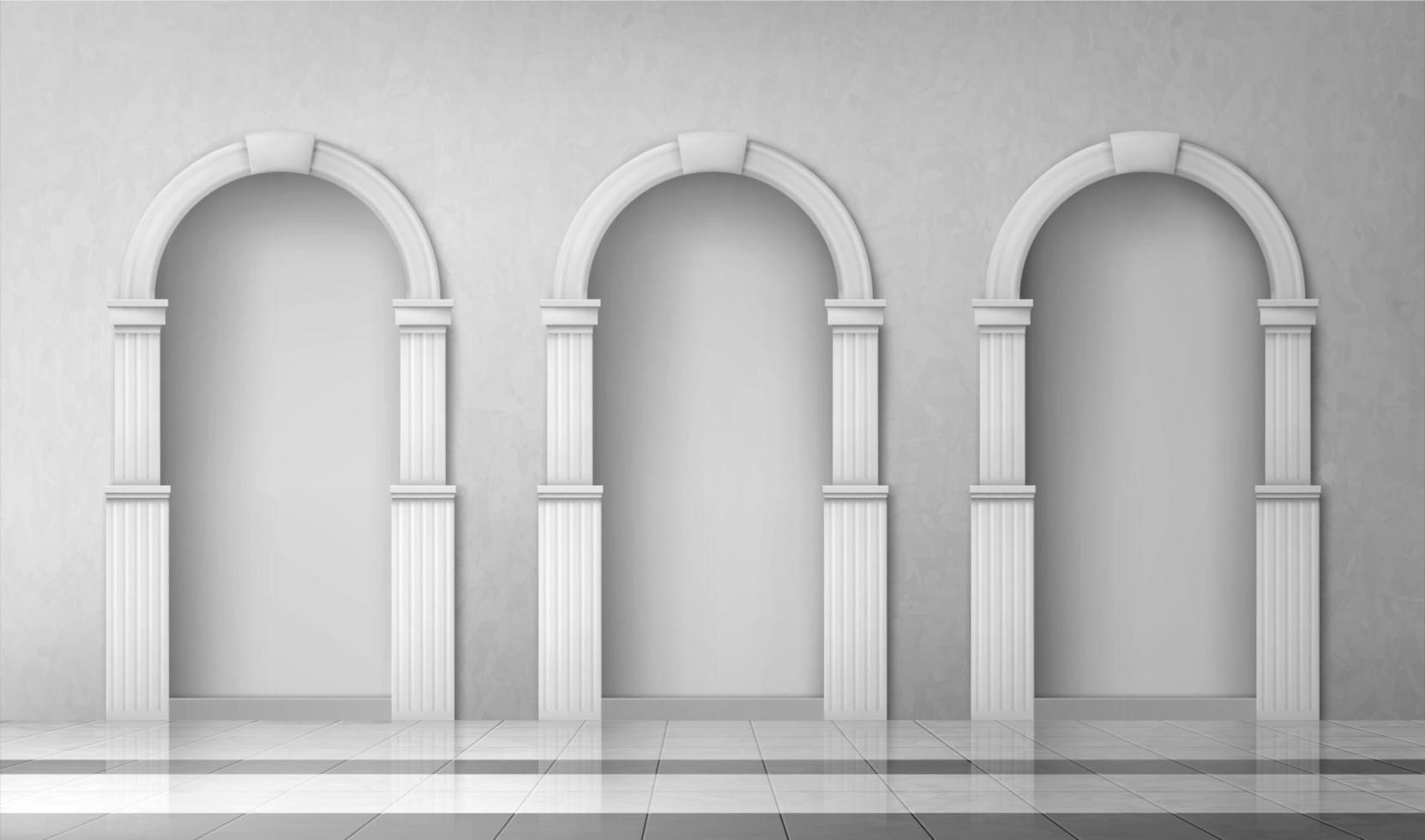 Arches with columns in wall, gates with pillars vector