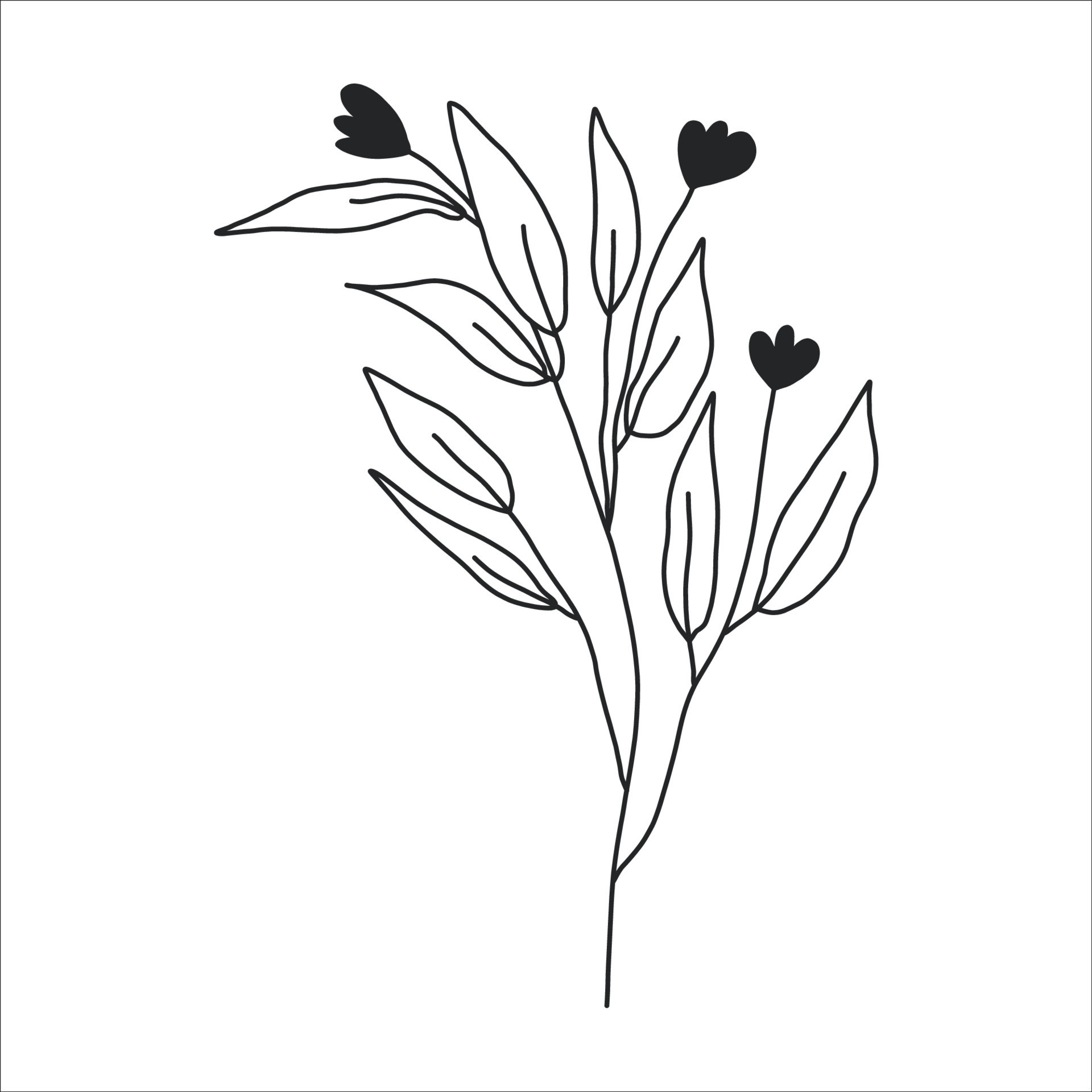 Black silhouette of a plant branch. Flower branch in outline style hand