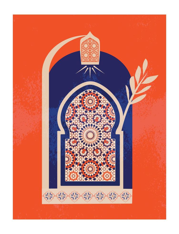 Modern and minimalist Boho design. Moroccan scene. A Moroccan doors, windows and traditional craftsmanship. Terracotta background. Vector illustration.