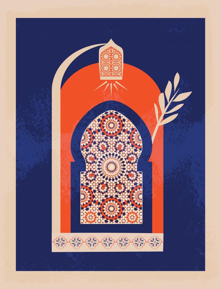 Modern and minimalist Boho design. Moroccan scene. A Moroccan doors, windows and traditional craftsmanship. Terracotta background. Vector illustration.