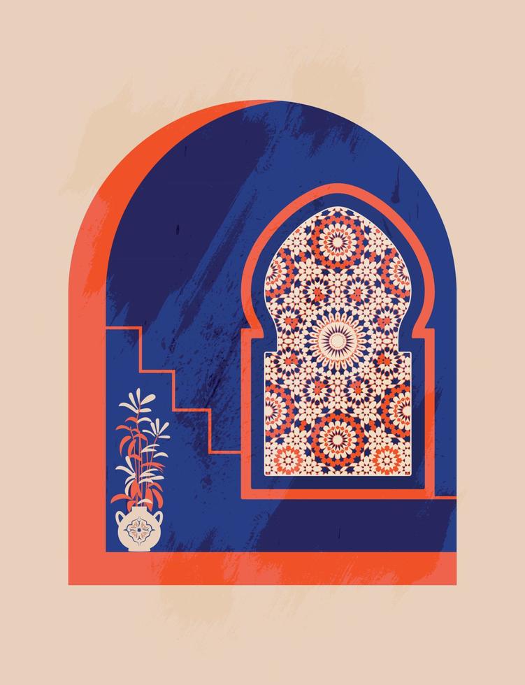 Modern and minimalist Boho design. Moroccan scene. A Moroccan doors, windows and traditional craftsmanship. Terracotta background. Vector illustration.
