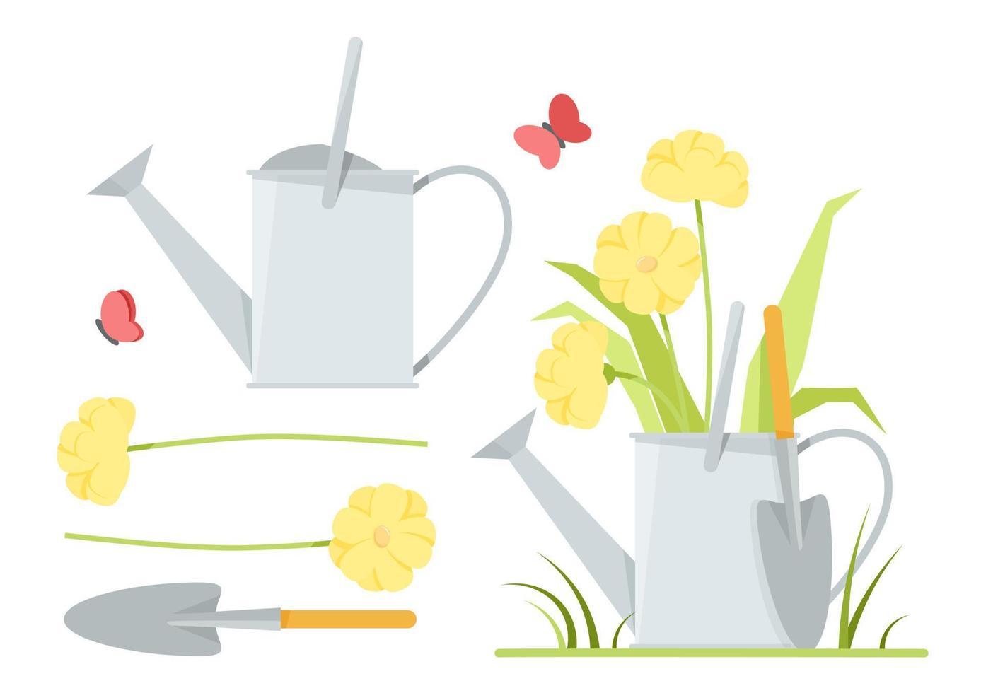 Clip art of gardening tools and watering can with flowers vector