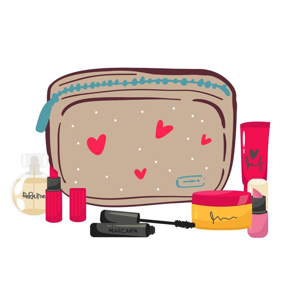 Female skincare cosmetic products in a cosmetic bag. Vector illustration