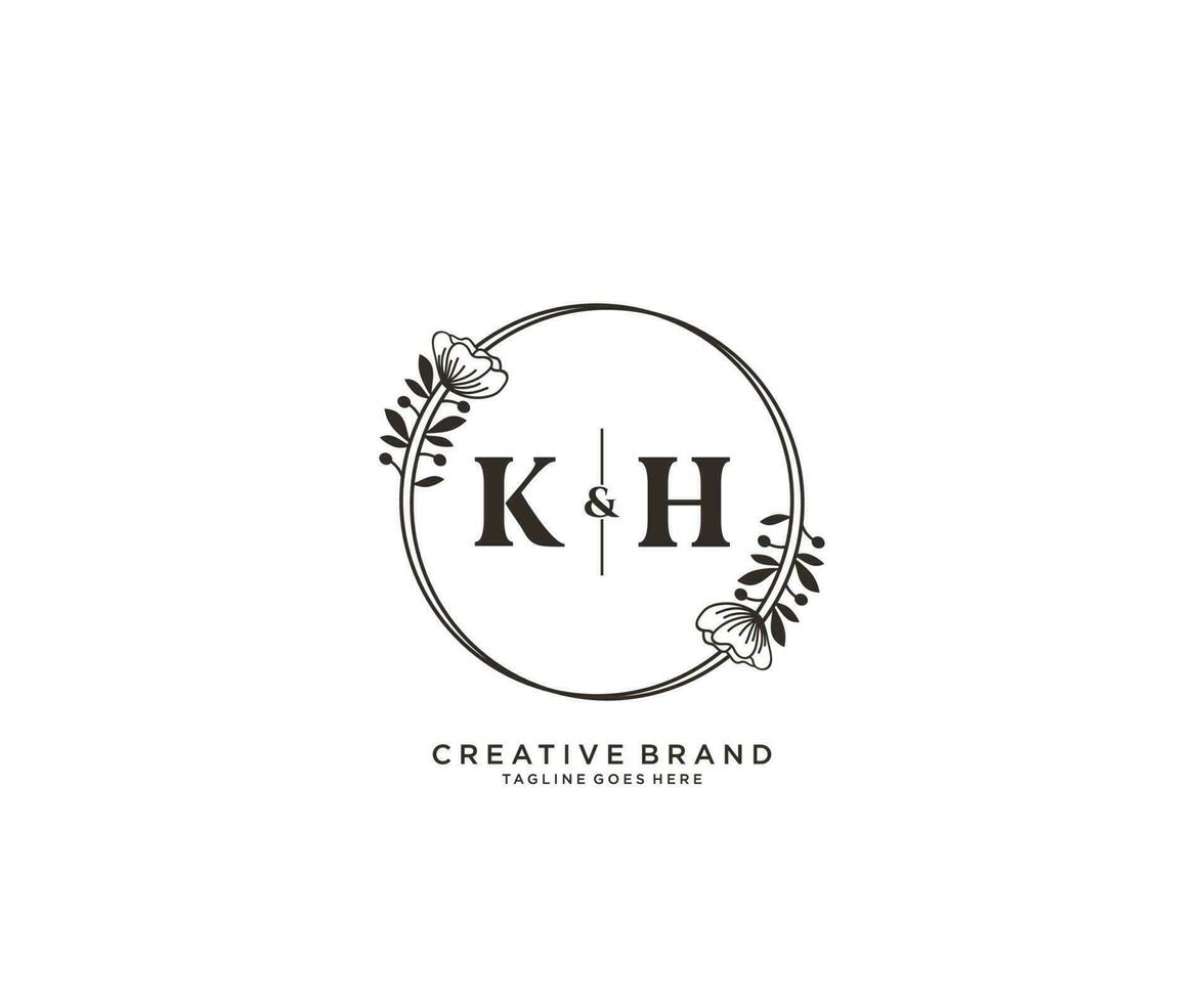 initial KH letters hand drawn feminine and floral botanical logo suitable for spa salon skin hair beauty boutique and cosmetic company. vector