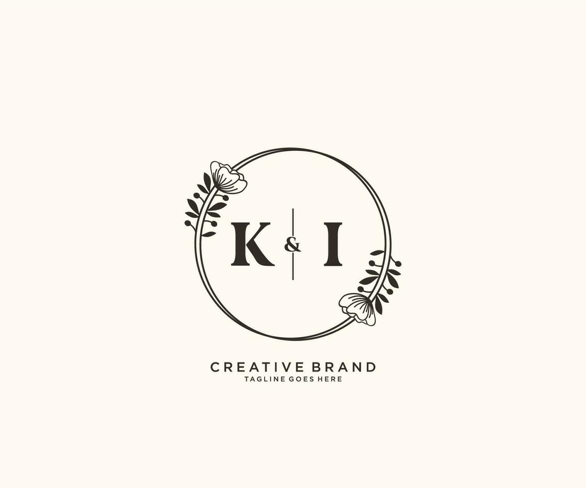 inicial ki letras mano dibujado femenino y floral botánico logo adecuado para spa salón piel pelo belleza boutique y cosmético compañía. vector