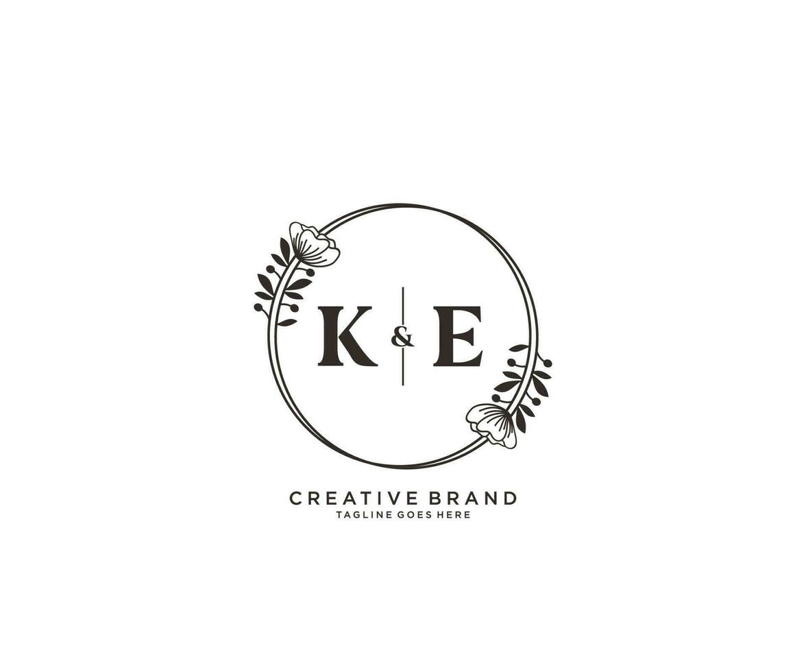 initial KE letters hand drawn feminine and floral botanical logo suitable for spa salon skin hair beauty boutique and cosmetic company. vector