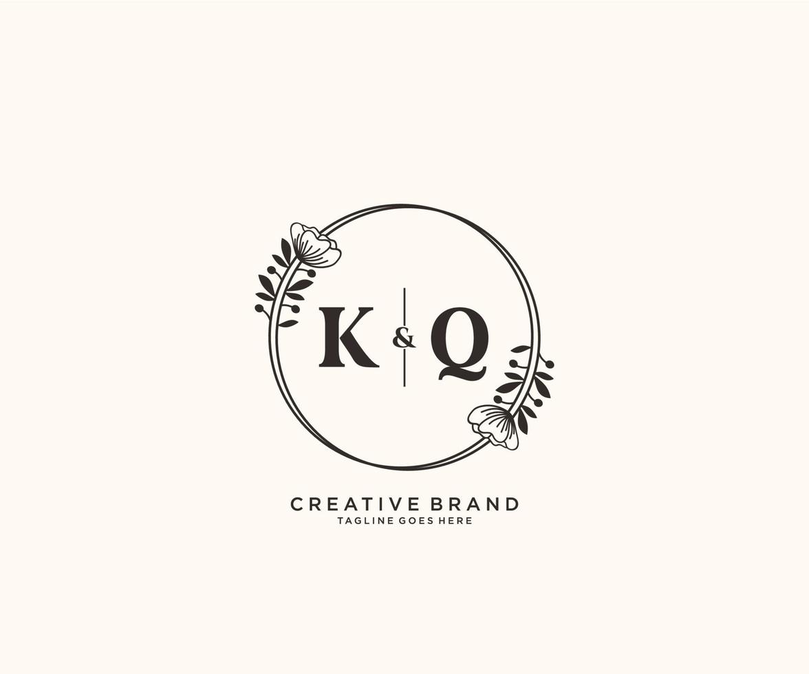 initial KQ letters hand drawn feminine and floral botanical logo suitable for spa salon skin hair beauty boutique and cosmetic company. vector