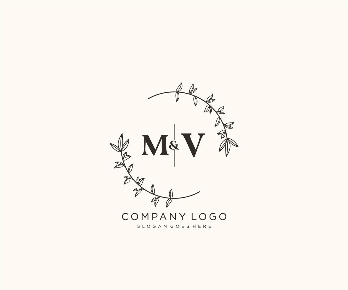 initial MV letters Beautiful floral feminine editable premade monoline logo suitable for spa salon skin hair beauty boutique and cosmetic company. vector