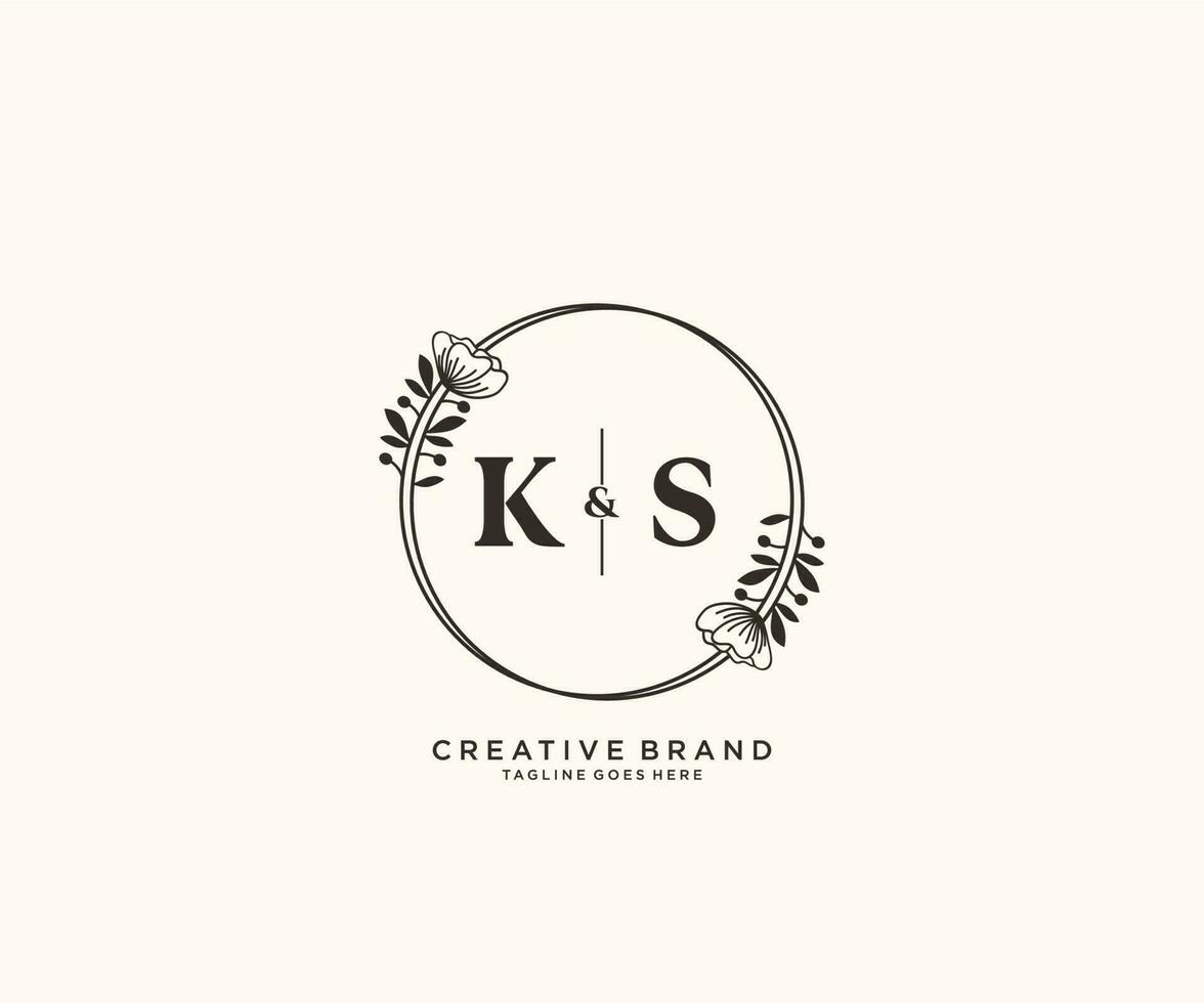 initial KS letters hand drawn feminine and floral botanical logo suitable for spa salon skin hair beauty boutique and cosmetic company. vector