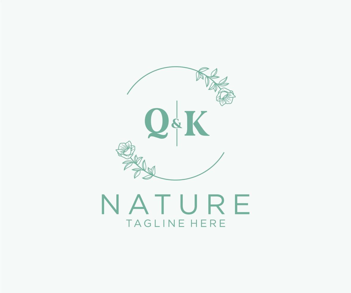 inicial qk letras botánico femenino logo modelo floral, editable prefabricado monoline logo adecuado, lujo femenino Boda marca, corporativo. vector